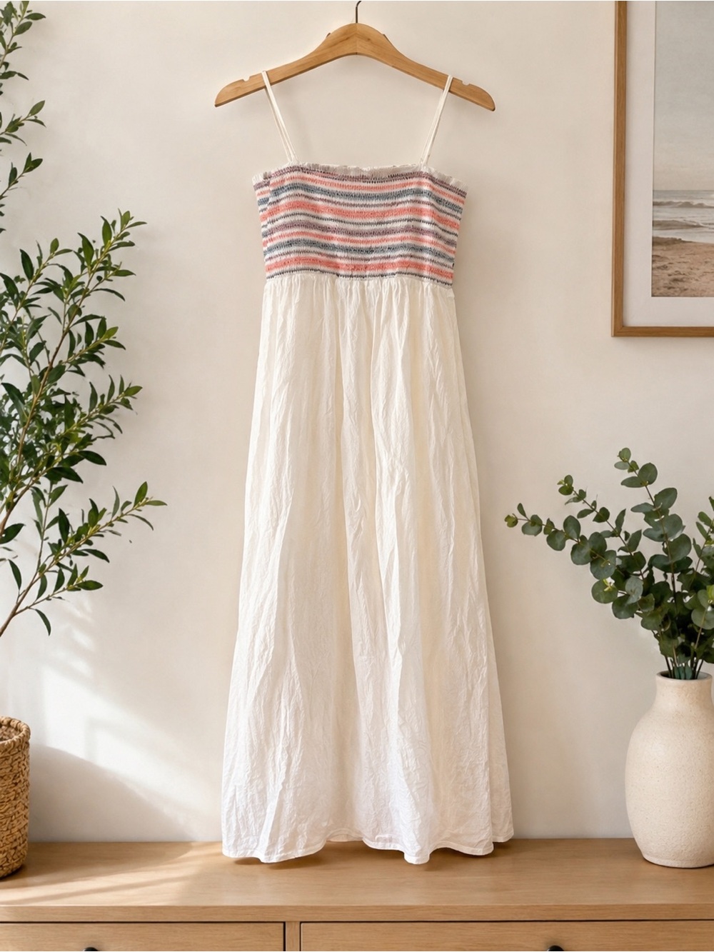 Forever 21 White Smocked Beach Maxi Dress Size Medium